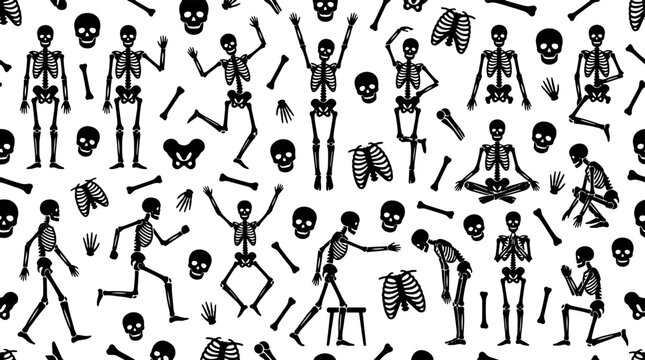 Seamless pattern with black skeletons and bones on a transparent background.