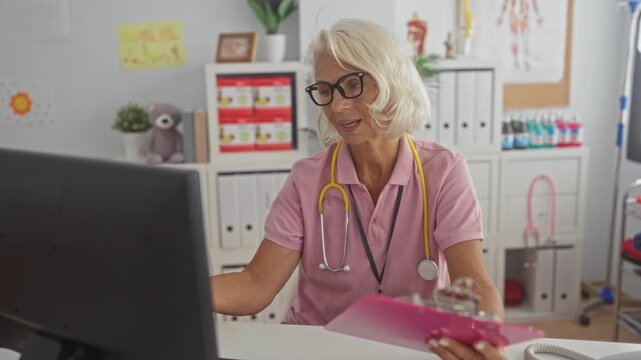 Woman holds pink clipboard and types at computer with yellow stethoscope visible in pediatric clinic; calm reassurance.