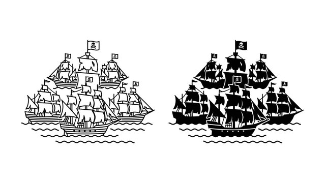 Pirate Ship Fleet Illustration: A striking illustration depicts a fleet of pirate ships, complete with Jolly Roger flags, sailing the open sea in both grayscale and silhouette styles.
