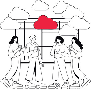 Group of young people talking and drinking coffee together