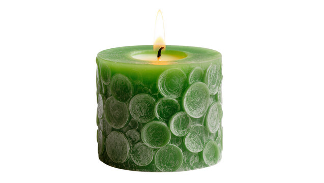 Green textured pillar candle with lit flame