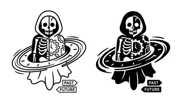 Time Traveler Skeleton Illustration: A stylized skeleton, half human and half mechanical with clockwork, sits within a spinning clock face.