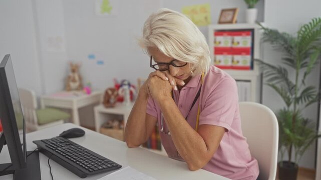 Woman doctor pointing to paper and medical chart at clinic desk with computer and stethoscope; patient care concern.