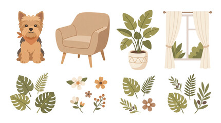 Obraz premium Watercolor illustration set of home interior elements with dog armchair and plants.