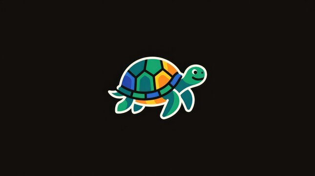 Cute cartoon turtle character with colorful shell pattern isolated on dark black backdrop.