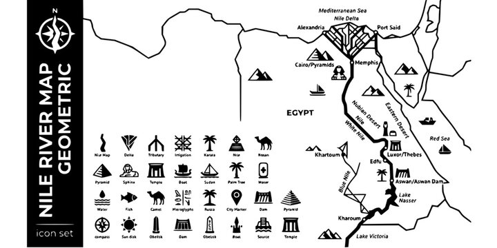 Nile River Map Geometric Black White-Delta Formation Tributary Canal Grid-Geography Vector-Map Icon Geometric-Nile Egypt Design Set