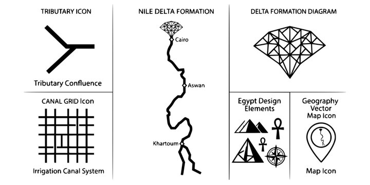 Nile River Map Geometric Black White-Delta Formation Tributary Canal Grid-Geography Vector-Map Icon Geometric-Nile Egypt Design Set