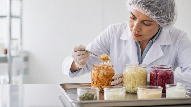 Food technician inspecting a fermentation batch for modern commercial