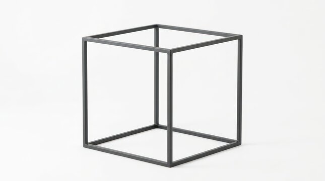 Black industrial cube frame structure on white background minimalist architectural model.