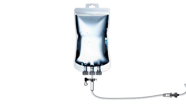 Medical IV bag with saline solution and tubing