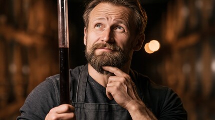 Obraz premium Winemaker holding a wine thief sampling tube in a barrel room while thinking. Concept of quiz, consultation and trivia about winemaking.