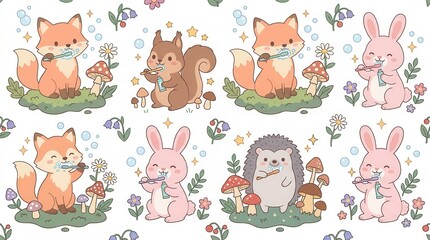 Fototapeta premium Adorable cartoon animals brushing teeth with bubbles, mushrooms, and flowers on a white background