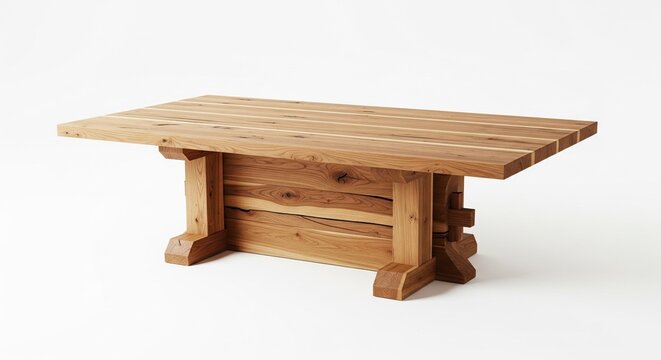 Rustic wooden dining table with natural wood grain texture and thick beam legs