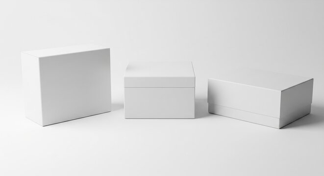 Three blank white cardboard boxes of varying sizes displayed on a clean white background