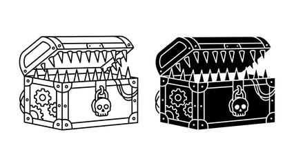 Mechanical Treasure Chest: A whimsical mechanical treasure chest with sharp teeth, gears, and a skull lock, presented in both line art and silhouette, ready to guard its secrets or reveal a surprise. © Mahbuba