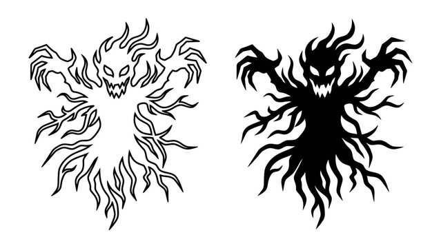 Scary Ghost Silhouette: A menacing ghost illustration in both outline and solid silhouette, with fiery tendrils and glowing eyes, evoking fear and the supernatural.