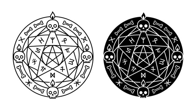 Mystical Pentagrams: Two intricate pentagram designs, one in black and white outline and the other as a solid black silhouette, featuring skulls, bones, and arcane symbols.