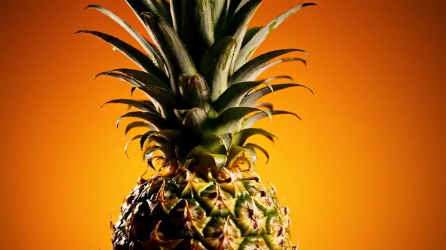 Rotating pineapple with vibrant green leaves and textured yellow skin against a warm orange background
