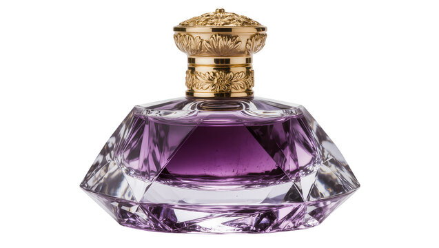 Luxury faceted glass perfume bottle with gold ornate cap and purple liquid