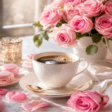 cup of coffee and roses