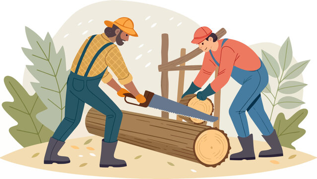 Two lumberjacks working together sawing wood log outdoors with lumberjacks forestry teamwork carpentry industry physical hardwork professional traditional woodsman strength cooperation