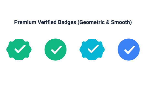 Premium verified badges in geometric and smooth styles, set of 4 check mark icons, blue and green checkmark symbols for account authentication