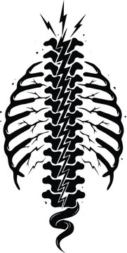 Ribcage with lightning bolts and snake emerging from bottom  skeleton design element with electric strike  black silhouette on white background