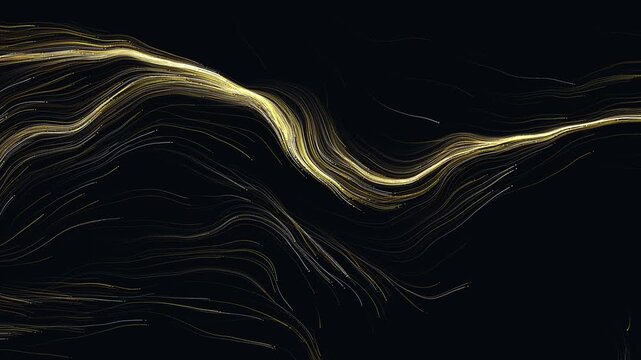 Procedural art abstract digital art with golden glowing light threads wavy pattern for dynamic design projects needing a flowing motion touch. Suitable for backgrounds and artistic presentations.