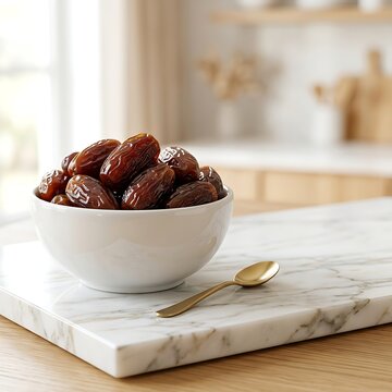 Modern Luxury Ramadan Background Featuring Premium Dates on Marble Platform