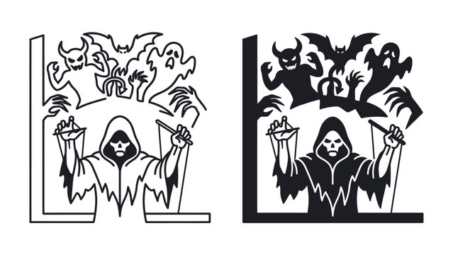 Haunted Marionette Master: A spooky grim reaper figure, resembling a puppeteer, controls a host of ghoulish characters including ghosts, demons, and bats.