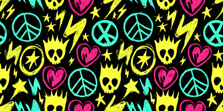 Punk Rock Pattern With Skulls Hearts And Peace Signs Vector Illustration