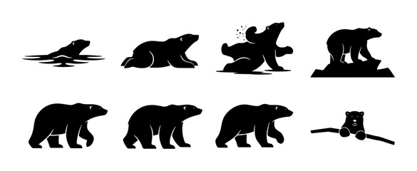 Polar Bear Silhouette Collection, Arctic Wildlife Icons, Animal Behavior Poses, Nature Elements, Vector Graphics Set © Abdulllah