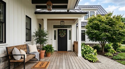 Fototapeta premium Modern suburban home exterior with patio furniture and greenery.