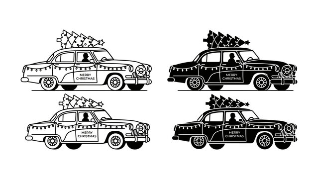 Christmas Car Cavalcade: A charming vintage car, adorned with festive lights and a Christmas tree on its roof, embarks on a joyful holiday journey.