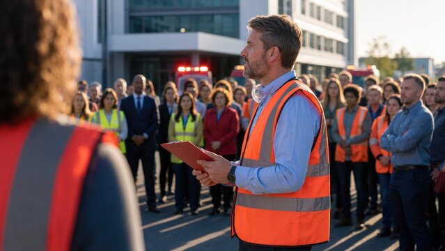 Emergency Assembly Point Safety Briefing Following Workplace Evacuation Drill Outside Modern Office Building