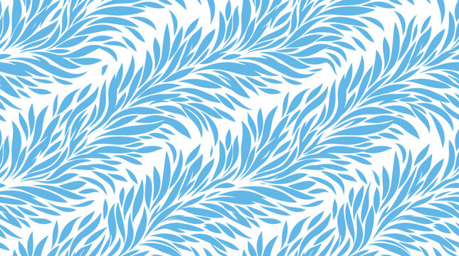 Seamless pattern featuring repeating blue leaf or feather shapes arranged in diagonal rows on a clean white background, creating a flowing and organic