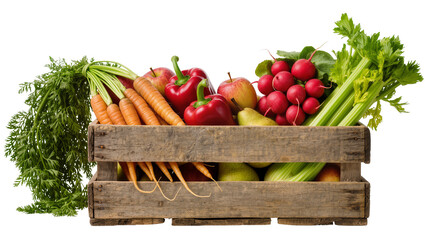 Naklejka premium Wooden crate overflowing with fresh carrots apples red peppers radishes pears, and celery