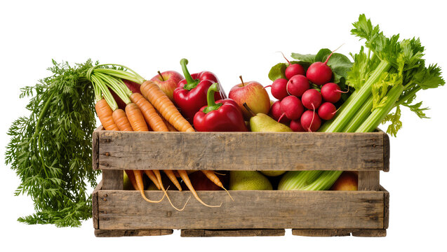 Wooden crate overflowing with fresh carrots apples red peppers radishes pears, and celery