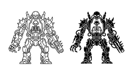 Robot Warrior: A formidable robot warrior, adorned with menacing armor and wielding a powerful weapon, stands ready for battle. © Ajhar234