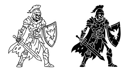 Undead Warrior of the Phoenix Legion: A skeletal warrior clad in ancient armor, wielding a sword and shield bearing the emblem of a phoenix, stands ready for battle in both outline and silhouette. © Hasib