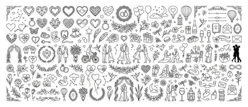 Detailed wedding and love themed line art icon bundle featuring romantic couples floral wreaths and hearts marriage engagement celebration collection illustration ornament anniversary