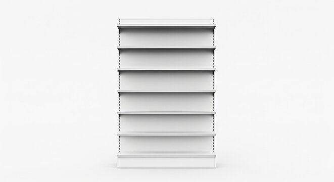 White empty retail store shelving unit with multiple shelves 3D render isolated on white background