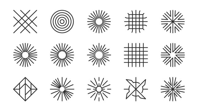 Set of abstract geometric sunburst and radial line icons.