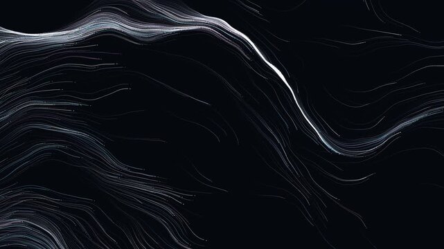 Procedural art abstract flowing white lines on black background digital art texture for designs needing a modern, dynamic wave pattern element.