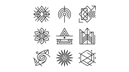 Fototapeta premium Set of Nine Geometric Line Art Symbols and Tribal Icon Elements.