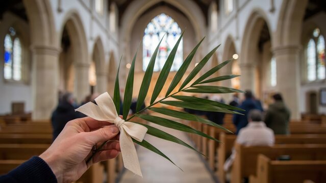 Person holding a green palm branch with a bow inside a church during mass service