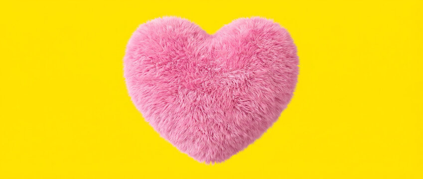 Pink fuzzy heart on yellow background. Bright decorative object with copy space. Colorful love and celebration concept.
