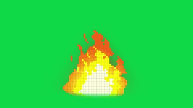 4k pixel fire animated with 8 bit , cartoon and vfx style suitable asset game , retro visual and fire element ,on green screen background , transparent and alpha channel