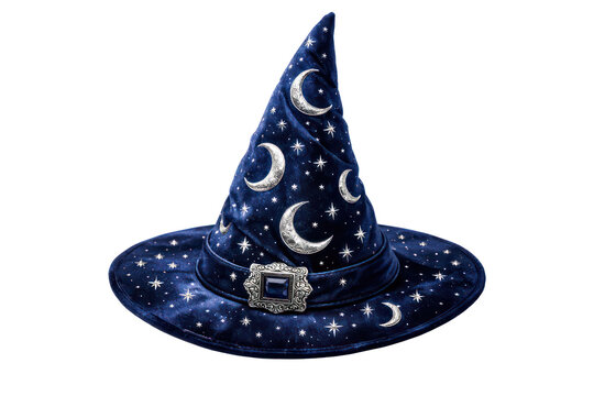 Vintage wizard hat, blue starry sorcerer costume accessory, whimsical magic fantasy headwear for Halloween cosplay isolated PNG with Transparent Background