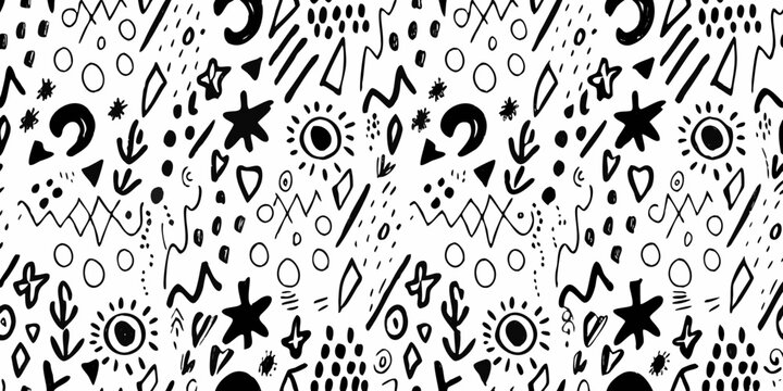 Dense black and white doodle pattern with abstract shapes and eyes
